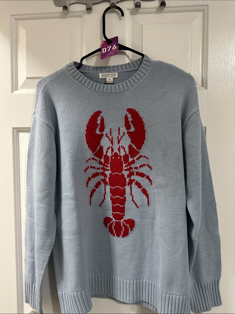 Mighty Fine Light Blue Crewneck Sweater with Red Lobster Graphic